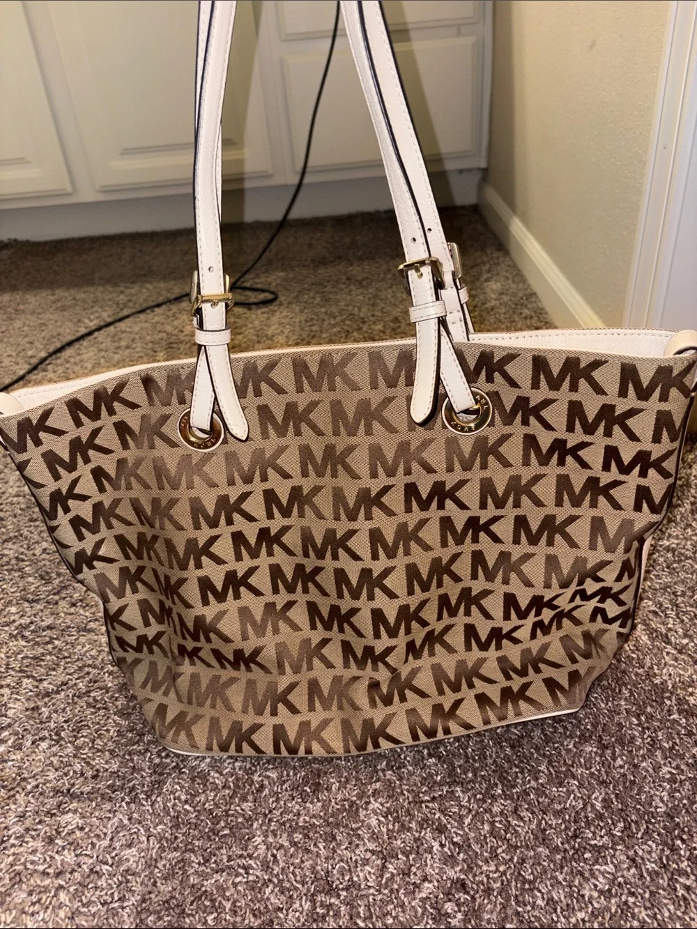 Authentic Michael Kors Brown MK Logo Tote with White Straps